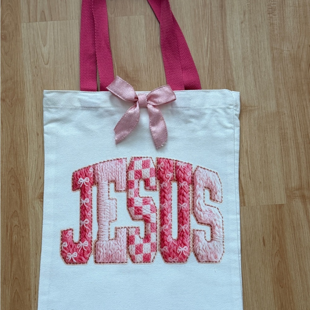 Pink and White Tote Bag, Jesus , Christian, Bible tote bag . Bible Study .